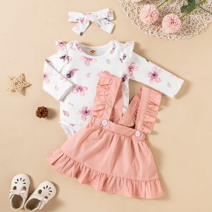 Bedruckter Langarm-Baby Mädchen Strampler Zweifarbiges Trägerkleid mit Rüschen und Kopfschmuck Dreiteiliges Set