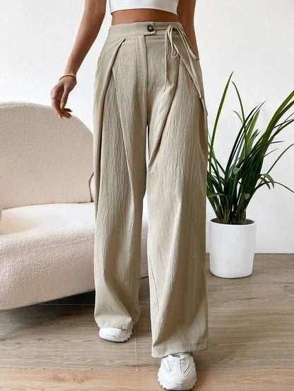 Damen High-Waist Weitbein-Hose mit Kordelzug und Patchwork – Lässige Gerade Hose