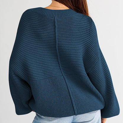 Einfarbiger Patchwork Rundhals-Strickpullover mit lockeren Laternenärmeln