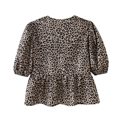 Leopard Print Hollow Lace Up Bubble Sleeve Shirt For Women's Top