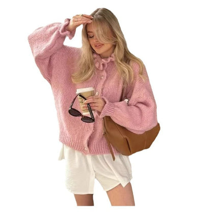Damen Preppy-Stil Rundhals Pullover Cardigan mit eleganten Rüschen