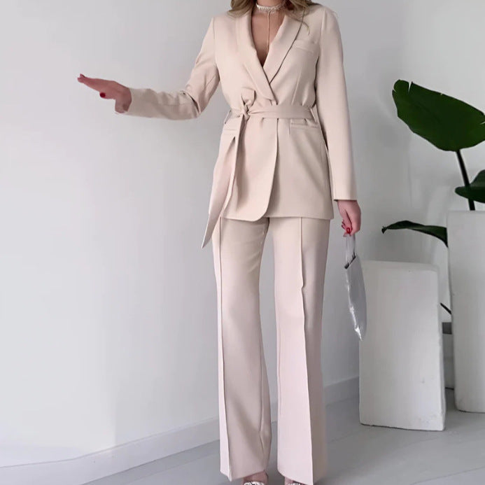 Damen Mode einfarbig Polo Kragen Schnürung Taille Temperament Twinset