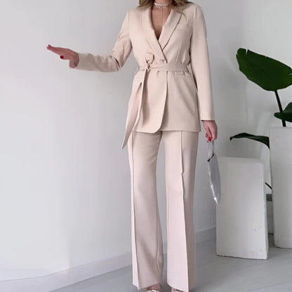 Damen Mode einfarbig Polo Kragen Schnürung Taille Temperament Twinset