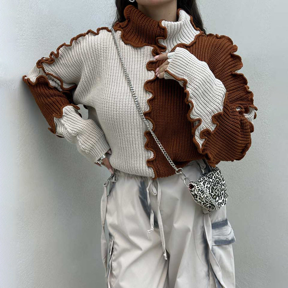 Fashionable Thread Edge Large Color Block Contrast Color Sweater