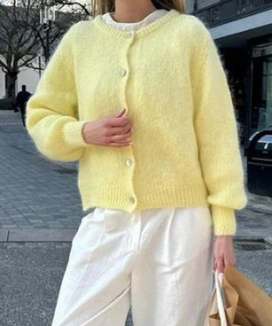 Einreihiger Cardigan-Pullover-Mantel mit rundem Ausschnitt einfarbig