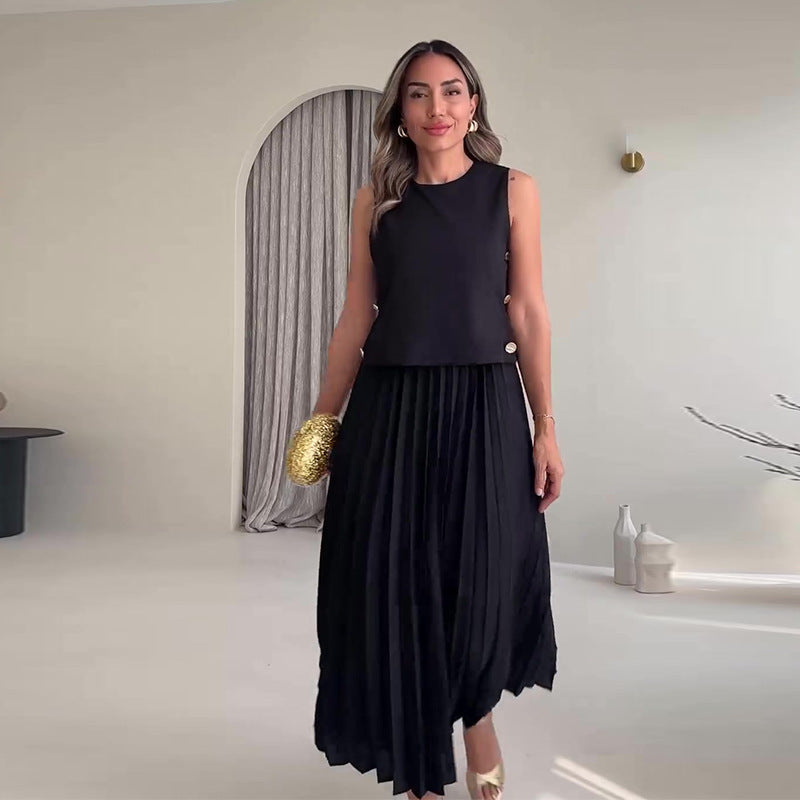 Sleeveless Top High Waist Pleated Skirt Suit