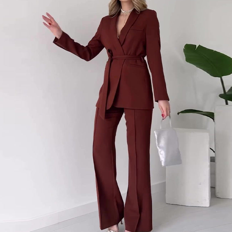 Damen Mode einfarbig Polo Kragen Schnürung Taille Temperament Twinset