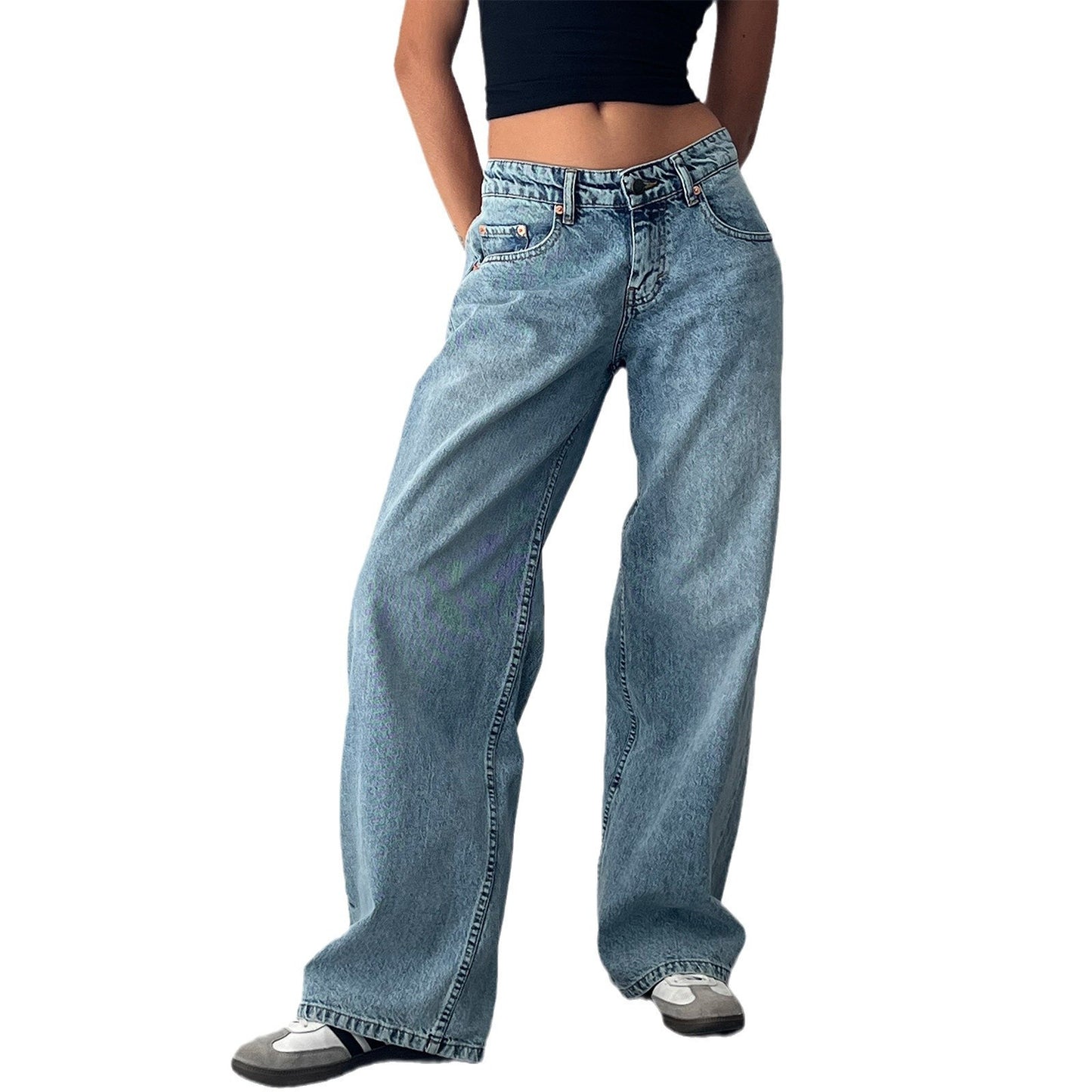 Retro niedrige Taille nicht elastisch gewaschene gerade Jeans für Frauen